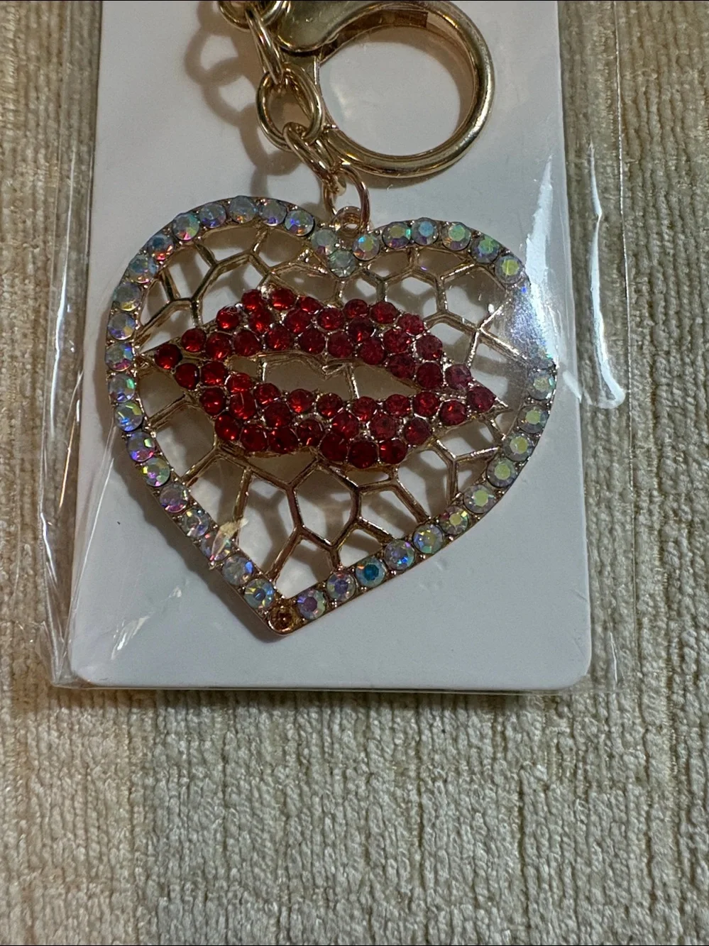 Nicole Gold-Tone Heart Keychain with Red Crystal Lip Accent